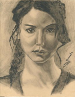 Katniss Everdeen painted portrait. Oil on wood. Copyright 2012 Miguel Omaña.